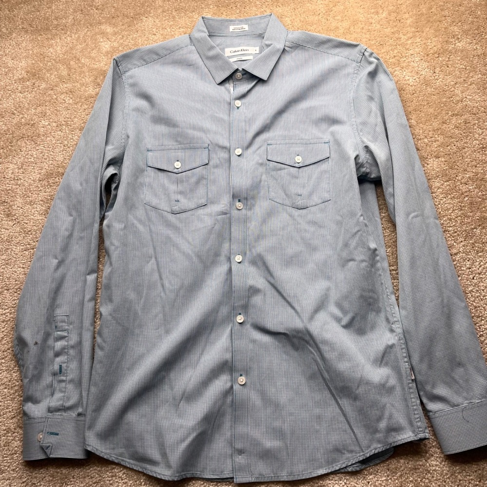Calvin Klein Mens Slim Fit Micro Check Button Down Shirt Blue White Medium
